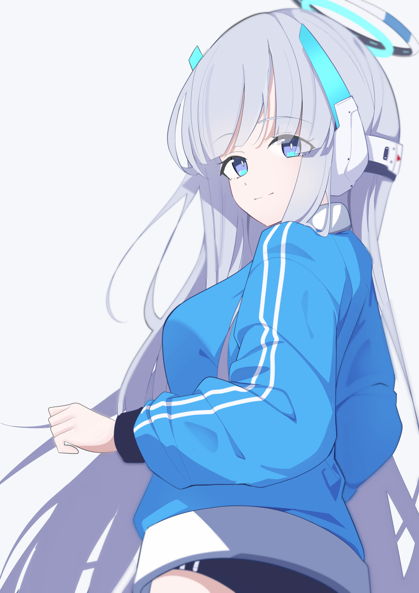 1girl absurdres blue_archive blue_eyes grey_hair gym_uniform halo highres mechanical_ears mechanical_halo noa_(blue_archive) oil_sob simple_background solo white_background