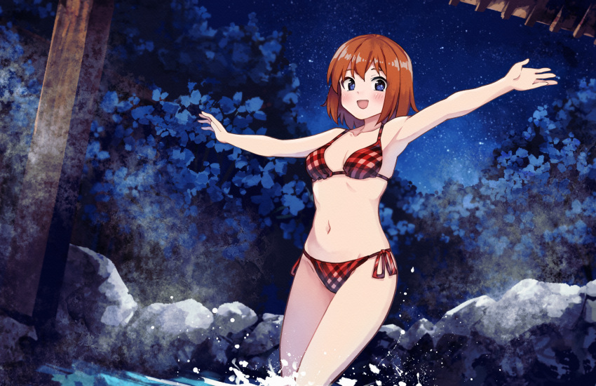 1girl akatsuki_miho akemiho_tabi_nikki bikini blue_eyes breasts brown_hair gendai_ninjakko_zukan highres kouno_hikaru looking_at_viewer medium_breasts night onsen outstretched_arms plaid plaid_bikini short_hair side-tie_bikini_bottom solo spread_arms swimsuit water