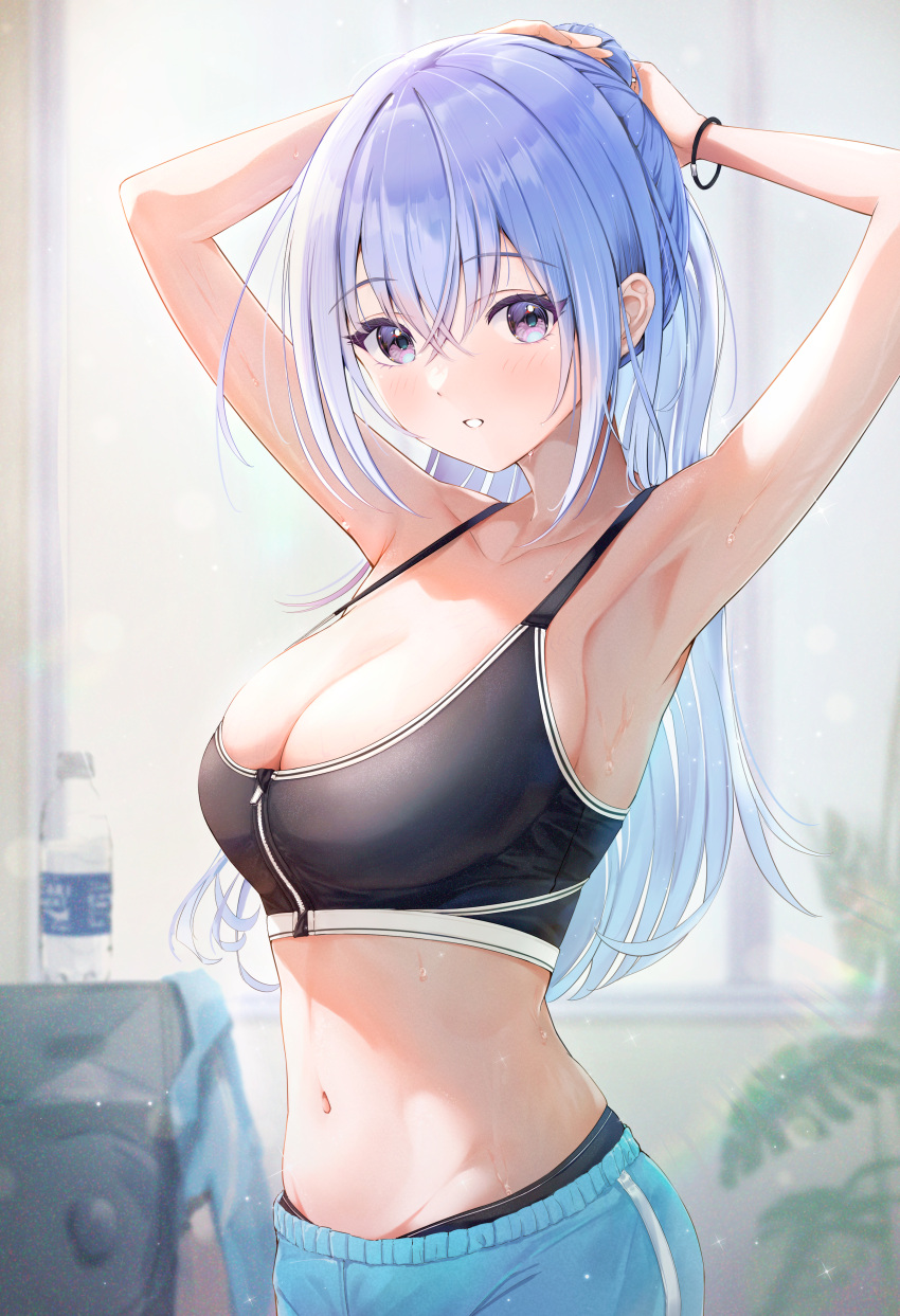 1girl :o absurdres alternate_costume armpits black_panties black_sports_bra blue_hair blue_pants blurry blurry_background blush breasts cleavage collarbone fujinomiya_rio groin highres idolmaster idolmaster_shiny_colors indoors jacket jacket_removed large_breasts long_hair looking_at_viewer navel panties pants panty_peek plant pocari_sweat ponytail sideboob solo sports_bra stomach suzuki_hana sweat tying_hair underwear very_long_hair