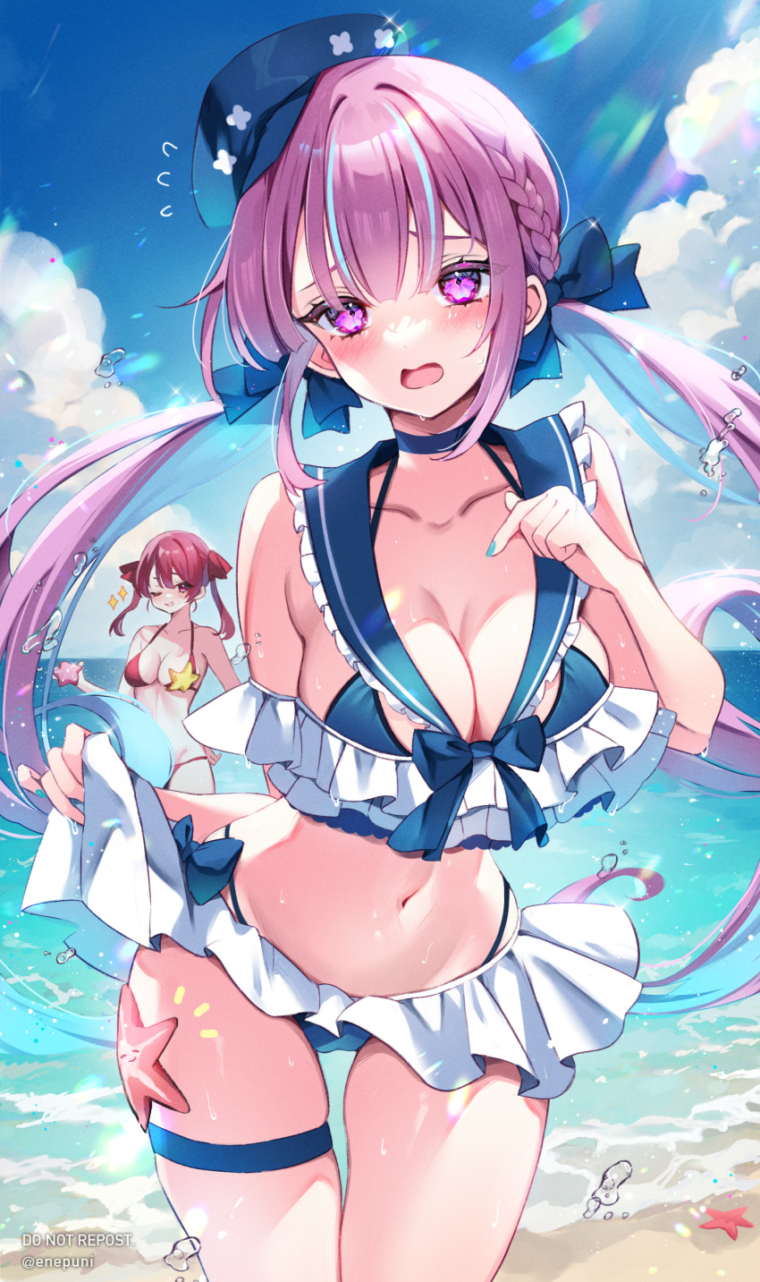 2girls absurdres aqua_nails beach bikini bikini_skirt blue_bikini blue_hair blue_headwear blue_sailor_collar blue_sky blush breasts cleavage cloud cloudy_sky collarbone day eneru_(enepuni) english_text fingernails frilled_bikini frilled_ribbon frilled_sailor_collar frills hair_ribbon highres hololive houshou_marine large_breasts light_blue_hair long_hair minato_aqua multicolored_hair multiple_girls nail_polish navel nervous ocean open_mouth outdoors pink_eyes purple_hair red_bikini red_hair red_ribbon ribbon sailor_collar sky solo_focus starfish stomach streaked_hair swimsuit thighs twintails twitter_username two-tone_hair virtual_youtuber water