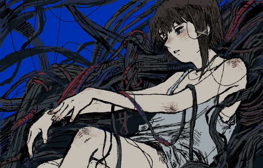 1girl blue_background brown_eyes brown_hair cable digye highres iwakura_lain looking_to_the_side serial_experiments_lain shirt short_hair sitting sketch sleeveless sleeveless_shirt solo tank_top too_many white_tank_top