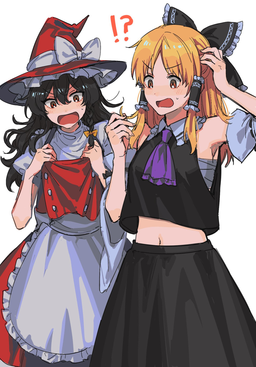 !? 2girls alternate_color apron ascot bare_shoulders black_bow black_hair black_skirt blonde_hair blush bow braid color_switch detached_sleeves hair_bow hair_tubes hakurei_reimu hat hat_bow highres japanese_clothes kirisame_marisa long_hair multiple_girls navel nontraditional_miko noriuma open_mouth puffy_short_sleeves puffy_sleeves purple_ascot red_eyes red_headwear red_skirt red_vest ribbon-trimmed_sleeves ribbon_trim sarashi shirt short_sleeves sidelocks simple_background single_braid skirt touhou vest waist_apron white_apron white_background white_bow white_shirt white_sleeves wide_sleeves witch_hat yellow_eyes