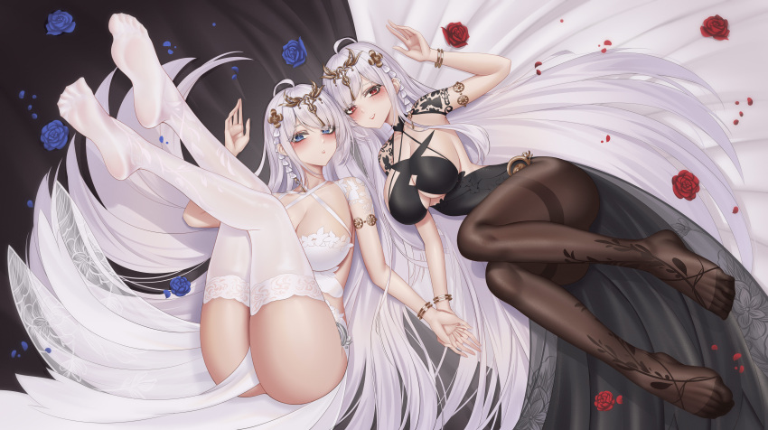 2girls absurdres azur_lane black_pantyhose blue_eyes blush bracelet breasts cleavage closed_mouth commentary_request emden_(azur_lane) feet hair_ornament highres ichikushi_mojibake jewelry large_breasts legs legs_up long_hair looking_at_viewer lying multiple_girls on_back on_side pantyhose parted_lips red_eyes smile soles thighband_pantyhose thighhighs thighs white_hair white_thighhighs