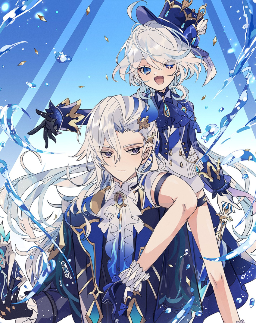 1boy 1girl :d ahoge ascot blue_ascot blue_bow blue_brooch blue_eyes blue_footwear blue_hair blue_headwear blue_jacket bow closed_mouth furina_(genshin_impact) genshin_impact gg_suyari grey_hair hair_between_eyes hat highres jacket legs light_blue_hair long_hair multicolored_hair neuvillette_(genshin_impact) open_mouth purple_eyes shorts sidelocks sitting_on_shoulder smile streaked_hair top_hat two-tone_hair white_ascot white_shorts