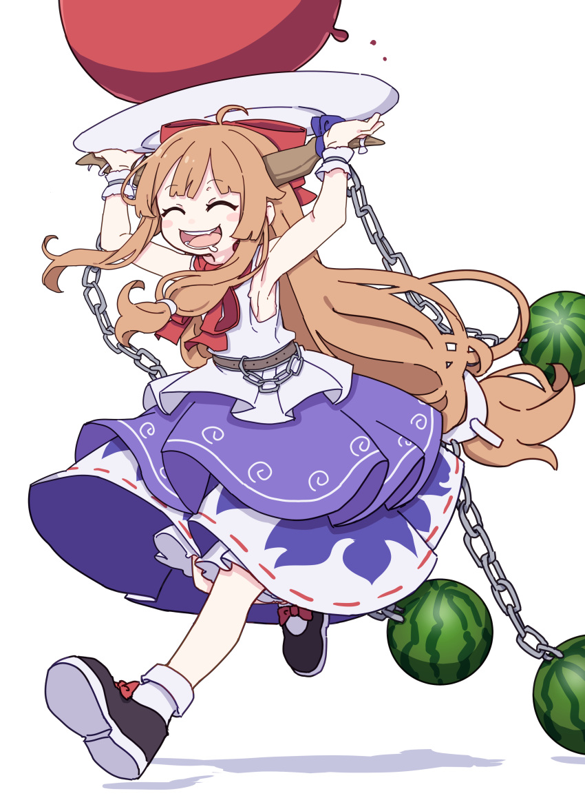 1girl absurdres ahoge black_footwear blue_ribbon blue_skirt blush_stickers bow chain closed_eyes food fruit full_body hair_bow highres holding horn_ornament horn_ribbon horns ibuki_suika kame_(kamepan44231) long_hair oni_horns open_mouth orange_hair print_skirt red_bow ribbon shirt shoes sidelocks simple_background skirt smile socks solo torn_clothes torn_sleeves touhou watermelon white_background white_shirt white_socks wrist_cuffs