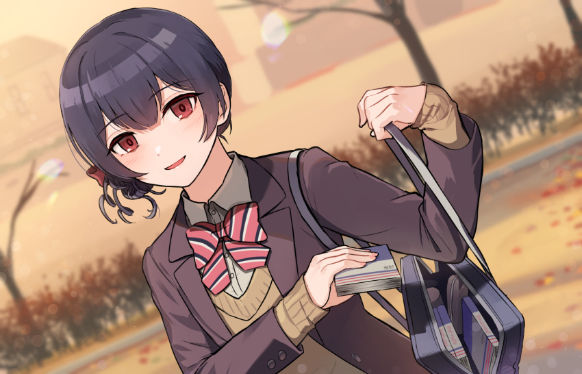 1girl bag black_hair black_jacket blazer blurry blurry_background book bow carrying commentary day depth_of_field diagonal-striped_bowtie dress_shirt dutch_angle folded_ponytail grey_shirt hair_bow holding holding_book idolmaster idolmaster_shiny_colors jacket kamille_(vcx68) long_sleeves looking_at_viewer morino_rinze open_mouth outdoors pink_bow red_bow red_eyes redrawn school_bag school_uniform shirt short_hair smile solo standing sweater uniform v-neck wing_collar yellow_sweater