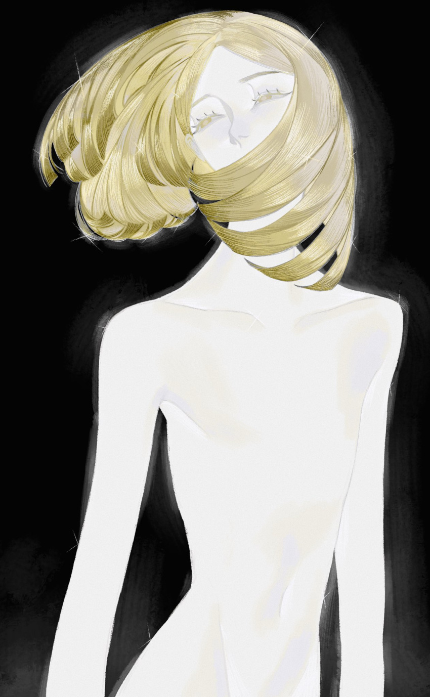 1other androgynous black_background blonde_hair blue_let11 collarbone commentary covered_mouth crystal_hair english_commentary eyelashes floating_hair groin hair_over_mouth highres houseki_no_kuni looking_to_the_side navel other_focus short_hair skinny solo sparkle upper_body yellow_diamond_(houseki_no_kuni) yellow_eyes