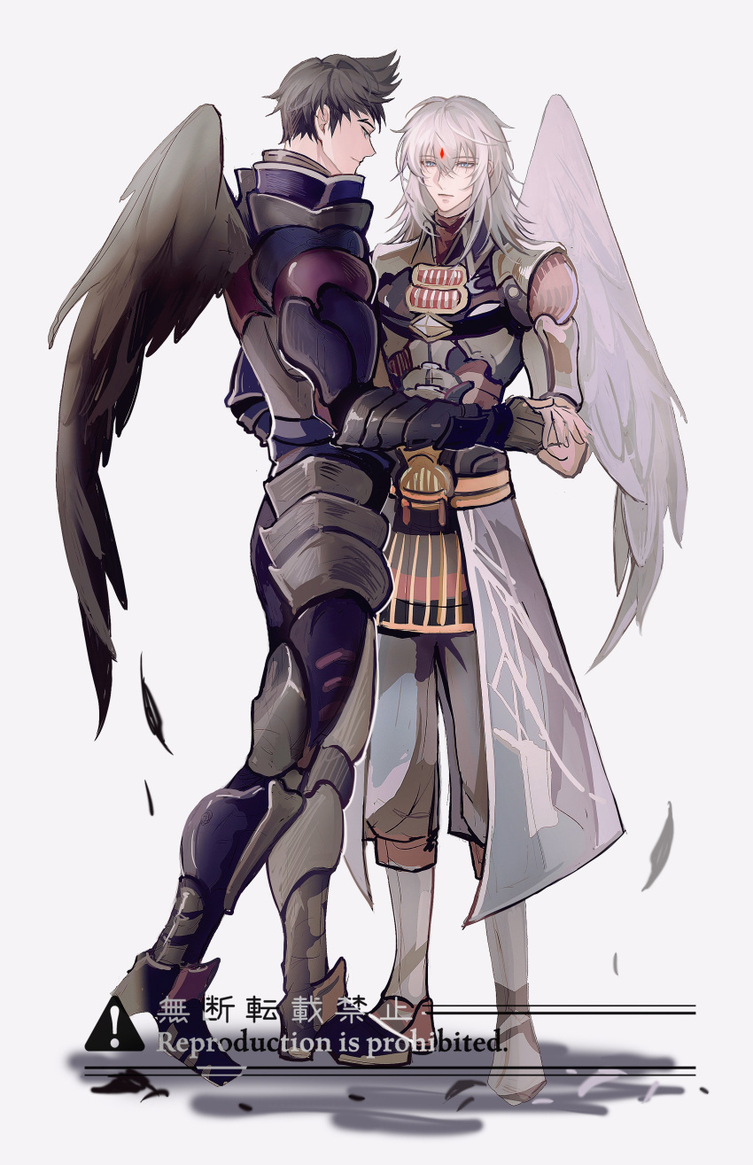 2boys absurdres arm_guards armor black_eyes black_hair black_wings blue_eyes coat feathers full_body highres jin_(xenoblade) male_focus malos_(xenoblade) multiple_boys raininmoradain simple_background single_wing spiked_hair standing white_background white_coat white_hair white_wings wings xenoblade_chronicles_(series) xenoblade_chronicles_2