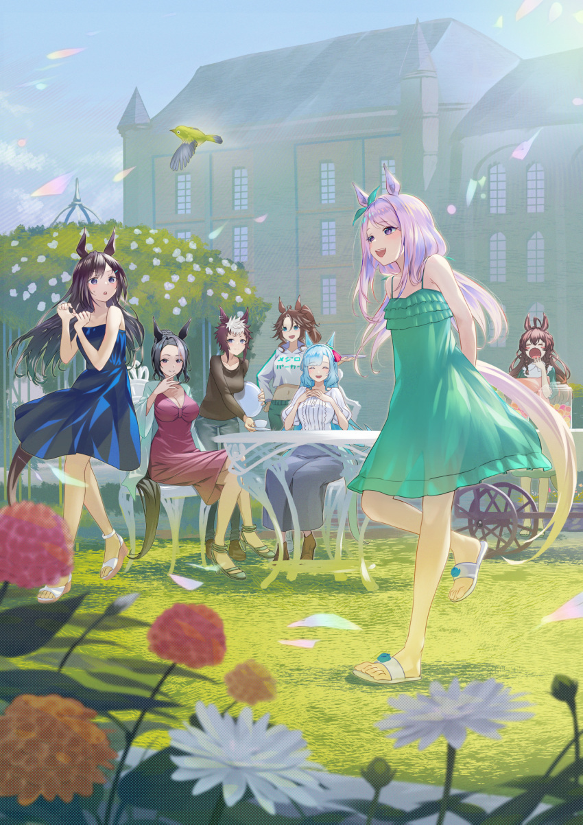 6+girls :d ^_^ ahoge animal animal_ears bare_shoulders bird black_hair blue_dress blue_eyes blue_hair blue_pants blue_skirt blue_sky blush_stickers breasts brown_footwear brown_hair building chair cleavage closed_eyes closed_mouth collarbone commentary_request crop_top crossed_legs cup day denim dress flat_chest flower full_body green_dress green_footwear green_pants hair_between_eyes hair_ornament hairclip high_heels highres holding holding_saucer holding_tray horse_ears horse_girl horse_tail jacket japanese_white-eye jeans large_breasts legs long_hair long_sleeves medium_breasts mejiro_ardan_(umamusume) mejiro_bright_(umamusume) mejiro_dober_(umamusume) mejiro_family_(umamusume) mejiro_mcqueen_(umamusume) mejiro_palmer_(umamusume) mejiro_ramonu_(umamusume) mejiro_ryan_(umamusume) midriff multicolored_hair multiple_girls nabe_puyo navel object_hug on_chair one_side_up open_mouth outdoors pants pillow pillow_hug puffy_short_sleeves puffy_sleeves purple_dress purple_eyes purple_hair sandals saucer shadow shirt short_sleeves sidelocks sitting skirt sky smile standing standing_on_one_leg streaked_hair swept_bangs table tail teacup toes tray two-tone_hair umamusume white_flower white_footwear white_hair white_jacket white_shirt wide_sleeves window yawning