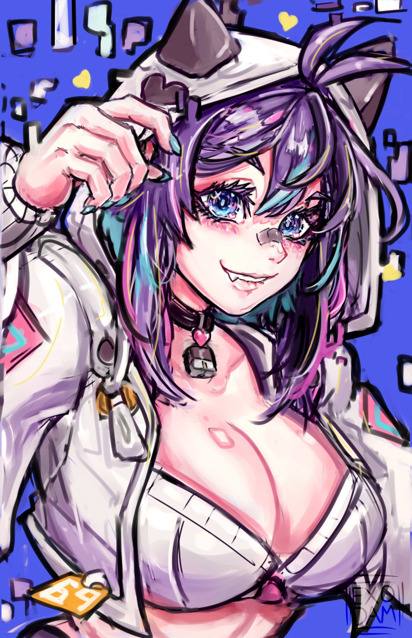 1girl absurdres ahoge bandaid bandaid_on_face bandaid_on_nose biting blue_eyes breasts collar cropped_jacket english_commentary exodamartworks fang hair_between_eyes highres hood lip_biting looking_at_viewer medium_breasts melody_(projektmelody) purple_hair solo teeth upper_body virtual_youtuber vshojo watermark