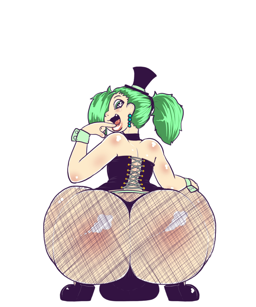 balls big_balls big_butt black_clothing black_footwear black_shoes butt clothing corset cuffs_(clothing) desbjust ear_piercing ear_ring fishnet fishnet_bottomwear footwear genitals girly green_eyes green_hair hair hat headgear headwear hi_res huge_butt human junk_(desbjust) lingerie lips looking_at_viewer looking_back looking_back_at_viewer male mammal neckband piercing ponytail ring_piercing solo squatting_position thick_bottom_lip thick_thighs thong top_hat topwear underwear wide_hips