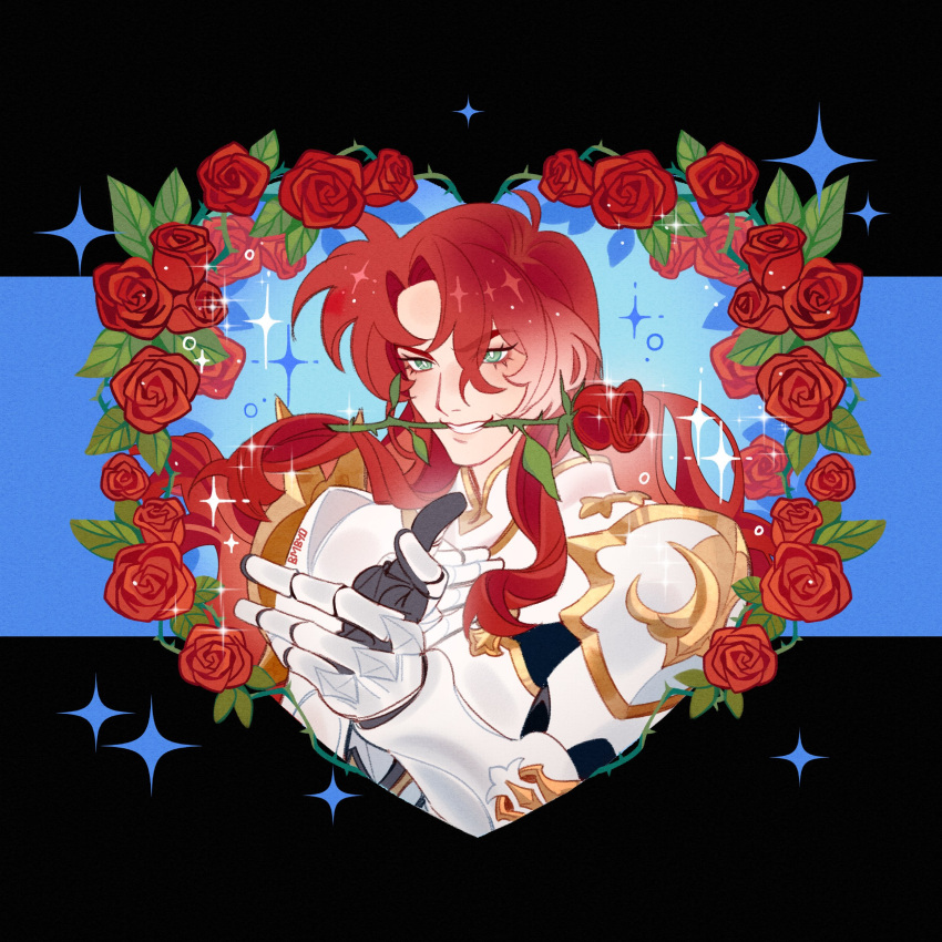 1boy absurdres ahoge androgynous argenti_(honkai:_star_rail) armor bombyoon closed_mouth flower flower_in_mouth green_eyes hair_between_eyes highres honkai:_star_rail honkai_(series) knight long_hair looking_at_viewer male_focus multicolored_hair red_flower red_hair rose simple_background smile solo star_(symbol) streaked_hair upper_body white_armor