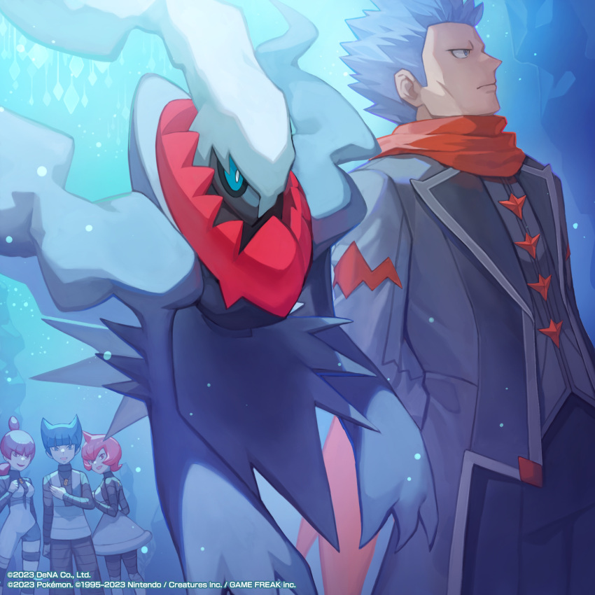 2boys 2girls arms_behind_back blue_background blue_eyes blue_hair cyrus_(pokemon) cyrus_(sygna_suit)_(pokemon) darkrai highres jupiter_(pokemon) katano_shibire looking_at_another mars_(pokemon) multiple_boys multiple_girls official_alternate_costume official_art pokemon pokemon_(game) pokemon_dppt pokemon_masters_ex purple_hair red_hair saturn_(pokemon) scarf team_galactic team_galactic_uniform