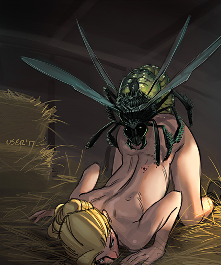 1girl artist_request bent_over bestiality blonde_hair copyright_request hair_bun hands_on_ground hay highres implied_sex looking_back non-web_source nude sex sex_from_behind shoes tears top-down_bottom-up wasp wings