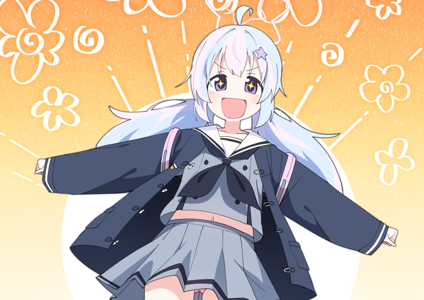 +_+ 1girl absurdres ahoge black_coat black_neckerchief blue_archive blue_hair blush clenched_hands coat commentary_request cowboy_shot dutch_angle excited flower_(symbol) grey_serafuku hair_ornament highres korean_commentary long_hair long_sleeves looking_at_viewer low_twintails luke_(dydansgur) midriff multicolored_background multicolored_hair navel neckerchief open_clothes open_coat open_mouth orange_background outstretched_arms panties pantyshot pink_hair pink_panties purple_eyes reisa_(blue_archive) sailor_collar school_uniform serafuku smile solo spread_arms star_(symbol) star_hair_ornament tareme twintails two-tone_hair underwear v-shaped_eyebrows white_background white_sailor_collar