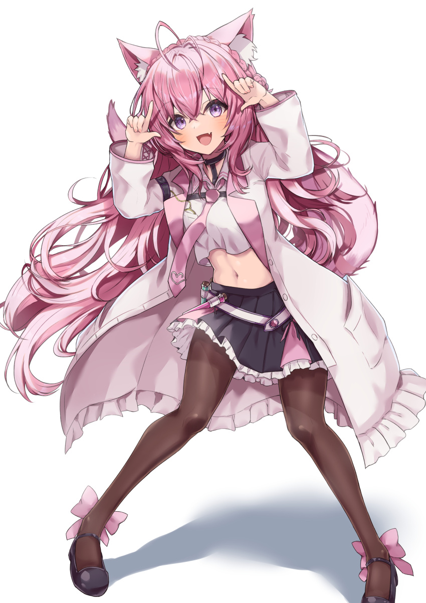 1girl absurdres ahoge animal_ear_fluff animal_ears arms_up belt black_footwear black_pantyhose black_skirt blush coat fang hakui_koyori highres hololive index_finger_raised labcoat legs_apart long_hair looking_at_viewer midriff miniskirt navel necktie open_mouth pantyhose pink_eyes pink_hair pink_necktie pleated_skirt ralf shirt shoes simple_background skirt smile solo standing tail test_tube virtual_youtuber white_background white_coat white_shirt wolf_ears wolf_girl wolf_tail