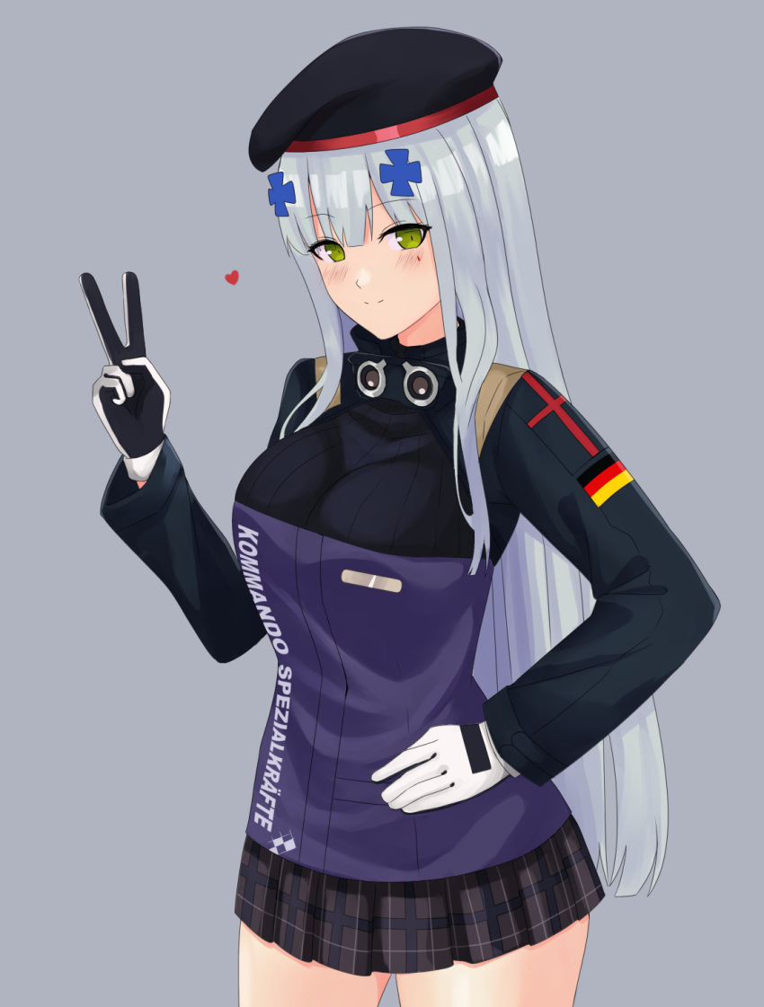 1girl 416_day beret black_headwear blush breasts brown_skirt closed_mouth commentary cyka english_commentary facial_mark german_flag girls'_frontline green_eyes grey_background grey_hair hair_ornament hand_up hat heart highres hk416_(girls'_frontline) jacket long_hair long_sleeves looking_at_viewer medium_breasts plaid plaid_skirt pleated_skirt purple_jacket simple_background skirt smile solo v very_long_hair