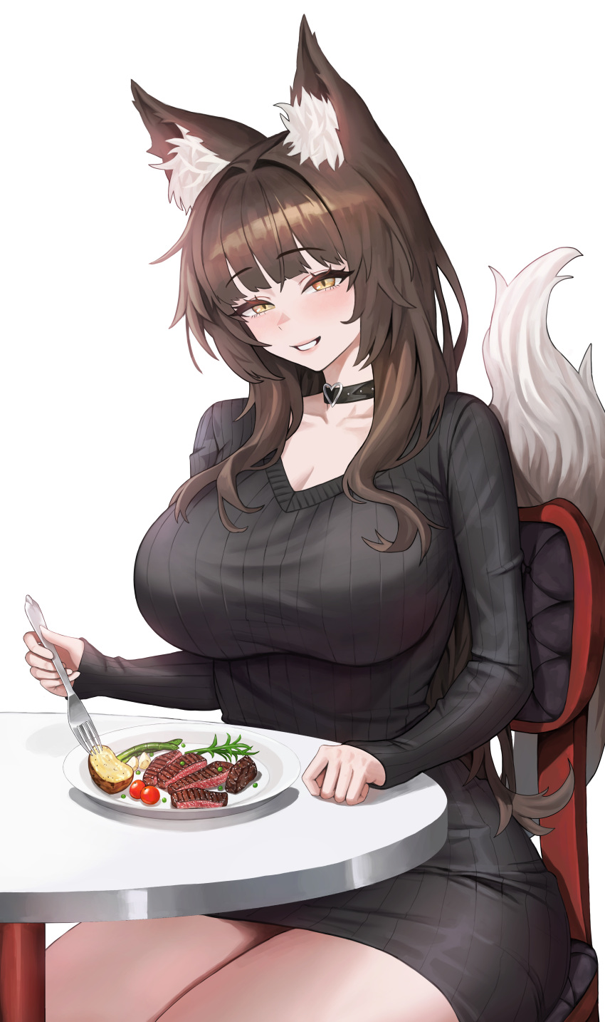 1girl :d absurdres animal_ear_fluff animal_ears black_dress black_sweater blunt_bangs blush breasts brown_hair chair cleavage collar dalman dress food fork highres holding holding_fork impossible_clothes impossible_dress impossible_sweater large_breasts long_hair long_sleeves meat original parted_lips simple_background sitting smile sweater tail white_background yellow_eyes