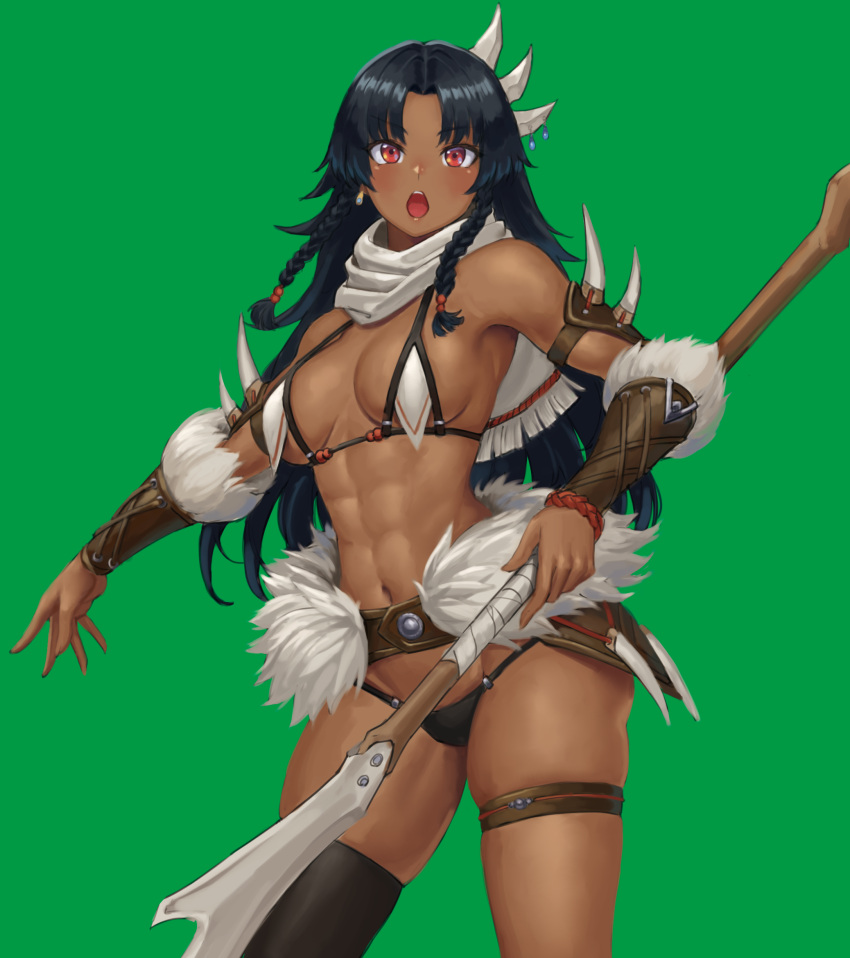 1girl abs bare_shoulders belt bikini black_hair black_thighhighs blush bracer braid dark-skinned_female dark_skin earrings green_background hair_ornament highres holding holding_polearm holding_weapon jewelry long_hair muscular muscular_female navel open_mouth original polearm ranma_(kamenrideroz) red_eyes scarf simple_background single_thighhigh solo spear swimsuit thighhighs weapon