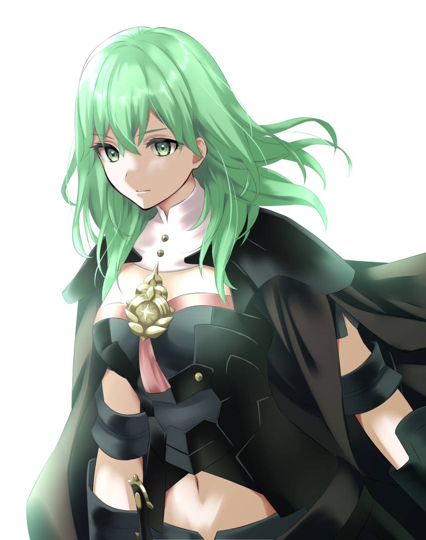 1girl black_cape black_shirt breasts byleth_(female)_(fire_emblem) byleth_(fire_emblem) cape clothing_cutout commentary_request fire_emblem fire_emblem:_three_houses green_eyes green_hair highres kakiko210 long_hair medium_breasts navel navel_cutout shirt shoulder_pads simple_background solo upper_body white_background