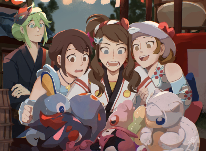 1boy 3girls alolan_sandshrew artist_request bare_shoulders black_kimono brown_eyes brown_hair character_doll closed_mouth commentary detached_sleeves english_commentary gloria_(pokemon) gloria_(summer_2021)_(pokemon) green_hair hair_between_eyes hairband hat highres hilda_(pokemon) hilda_(summer_2022)_(pokemon) impidimp japanese_clothes jewelry kimono looking_down lyra_(pokemon) lyra_(summer_2020)_(pokemon) mask mask_on_head multiple_girls n_(pokemon) n_(summer_2022)_(pokemon) necklace official_alternate_costume open_mouth outdoors pokemon pokemon_(game) pokemon_masters_ex shirt sidelocks smile sobble stitches teeth tongue upper_teeth_only wrist_cuffs