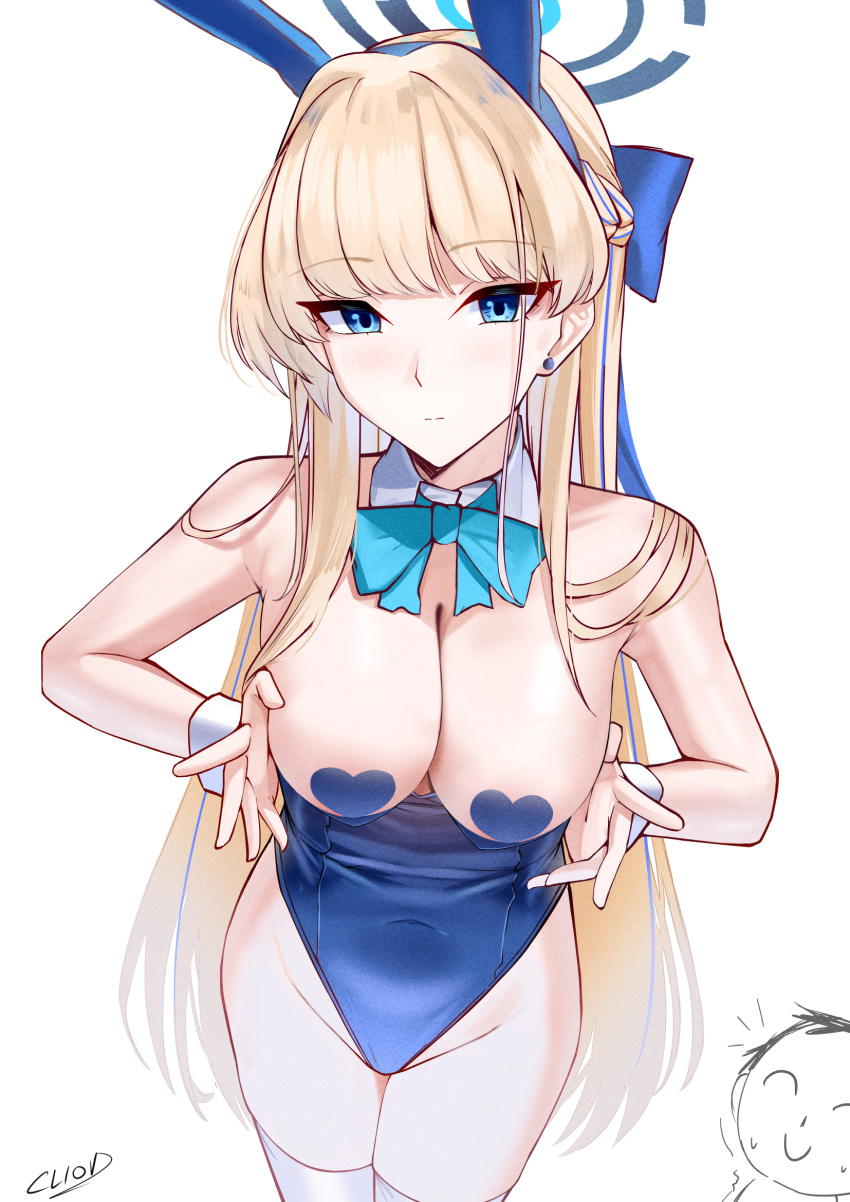 1boy 1girl animal_ears arona's_sensei_doodle_(blue_archive) bare_shoulders blonde_hair blue_archive blue_eyes blue_leotard blush bow bowtie braid breasts breasts_out cliov detached_collar fake_animal_ears french_braid halo heart_pasties highleg highleg_leotard highres leotard long_hair looking_at_viewer medium_breasts pasties playboy_bunny rabbit_ears sensei_(blue_archive) solo_focus thighhighs thighs toki_(blue_archive) toki_(bunny)_(blue_archive) white_thighhighs wrist_cuffs