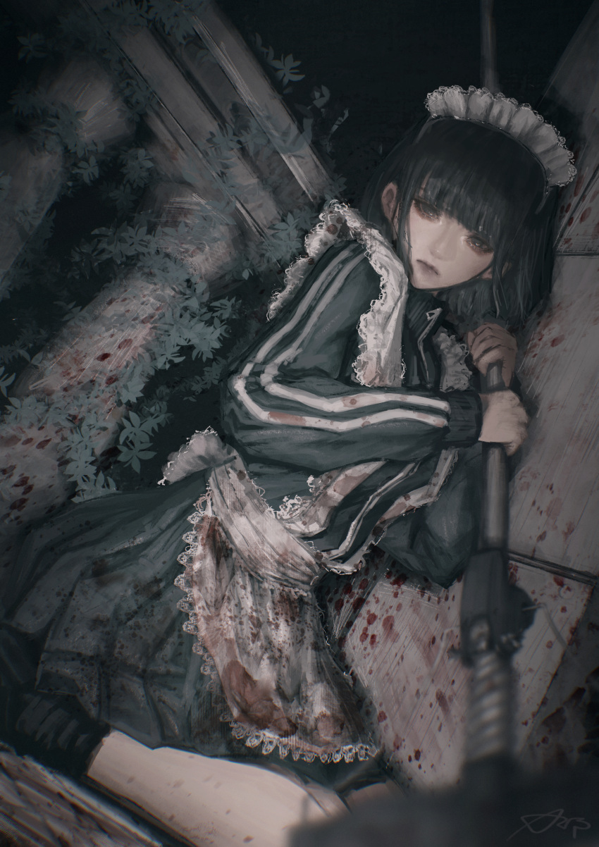 1girl absurdres apron arai_bokuseki black_eyes black_hair black_skirt blood blood_on_clothes blood_stain commentary_request expressionless highres holding holding_mop jacket jersey_maid looking_at_viewer maid maid_apron maid_headdress mop original railing short_hair sitting skirt solo track_jacket unconventional_maid white_apron