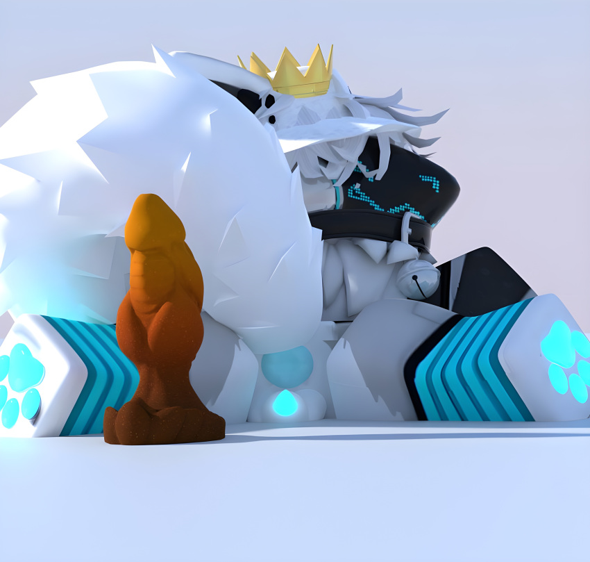 3d_(artwork) absurd_res anthro anus azure_(floo) balls bell bell_collar black_body black_fur blender_(software) blender_cycles blue_clothing bodily_fluids butt clothing collar crotch_tuft crown digital_media_(artwork) ears_back erection floo fluffy fluffy_ears fluffy_tail fox_tail fur genital_fluids genitals hair happy hat headgear headwear hi_res knot legwear looking_at_viewer looking_back lying machine male male_penetrating neck_tuft nude on_front paws penetration penis pivoted_ears pose protogen protogen_visor punk reflection roblox sex shaded simple_background solo submissive tail tuft visor warmers white_body white_fur white_hair