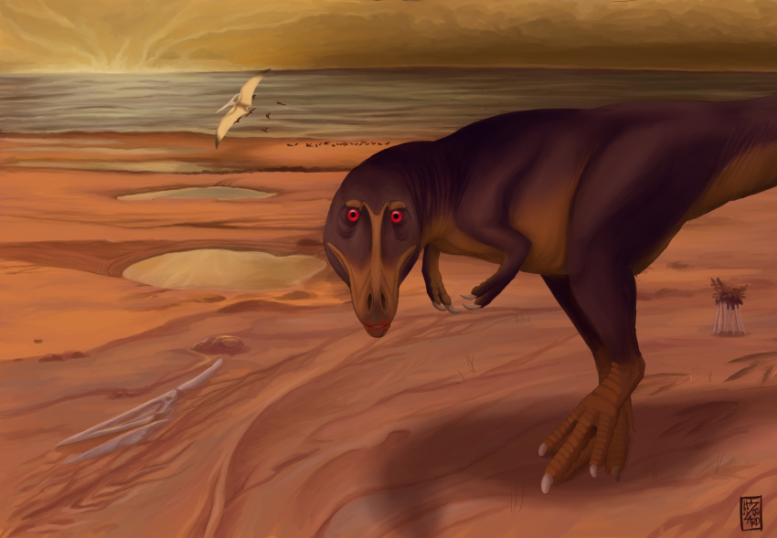 2023 2_fingers ambiguous_gender blood bodily_fluids bone brown_body brown_scales claws cloudscape cloudy creepy creepy_smile dinosaur feral fingers hazard_(paleoartist) hi_res looking_at_viewer pterosaur red_eyes reptile sand scales scalie sea seaside skull sky smile solo storm teeth theropod toe_claws tyrannosaurid tyrannosaurus tyrannosaurus_rex water