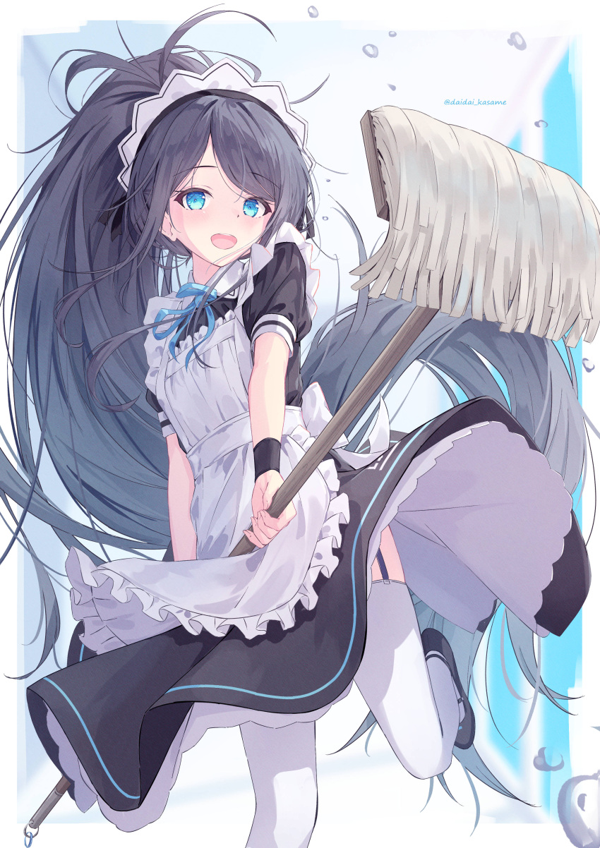 1girl absurdly_long_hair absurdres apron aris_(blue_archive) aris_(maid)_(blue_archive) black_dress black_footwear black_hair blue_archive blue_eyes blue_ribbon commentary daidai_(daidai826) dress frilled_apron frills garter_straps highres holding holding_mop leg_up long_hair maid maid_apron maid_headdress mop neck_ribbon open_mouth parted_bangs ponytail ribbon short_sleeves solo standing standing_on_one_leg teeth thighhighs upper_teeth_only very_long_hair white_apron white_thighhighs wrist_cuffs