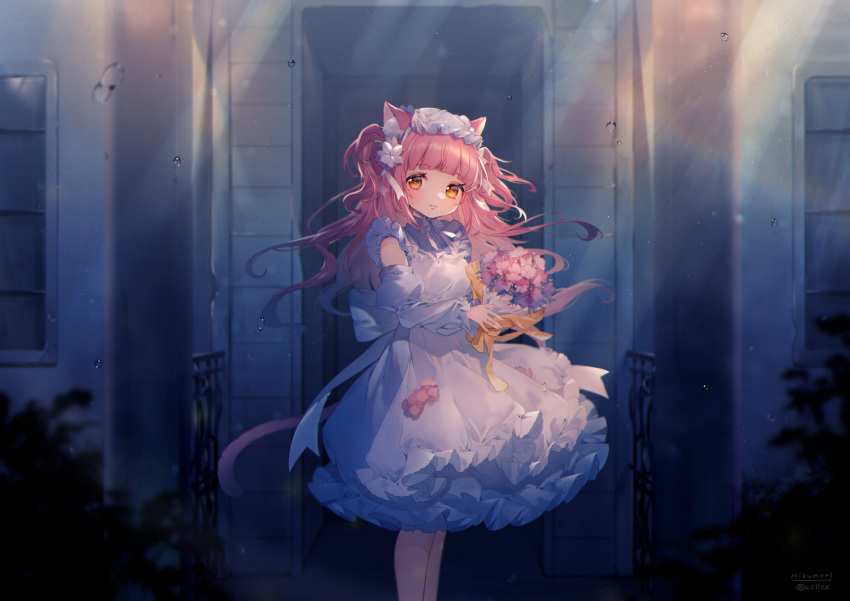 1girl animal_ear_fluff animal_ears artist_name back_bow bare_legs blunt_bangs bouquet bow breasts cat_ears cat_girl cat_tail closed_mouth commentary detached_sleeves dress feet_out_of_frame flower hair_flower hair_ornament holding holding_bouquet indie_virtual_youtuber long_hair long_sleeves looking_at_viewer memeto_pner_(vtuber) mizumori_(xcllcx) orange_eyes pink_flower pink_hair pink_tail ribbon small_breasts smile solo tail twitter_username two_side_up virtual_youtuber water_drop white_bow white_dress white_headwear white_ribbon white_sleeves