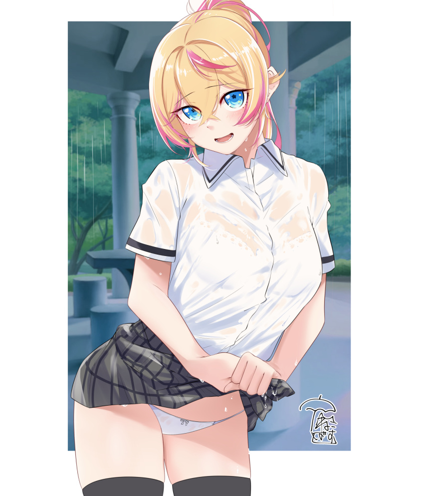 1girl :d akira_miku_ver black_thighhighs blonde_hair blue_eyes border bra_visible_through_clothes collared_shirt cowboy_shot dress_shirt grey_skirt hair_between_eyes highres long_hair looking_at_viewer miniskirt multicolored_hair open_mouth original outside_border panties pink_hair plaid plaid_skirt pleated_skirt ponytail school_uniform shirt short_sleeves skirt smile solo standing thighhighs two-tone_hair underwear wet wet_clothes wet_shirt white_border white_panties white_shirt wing_collar wringing_clothes wringing_skirt