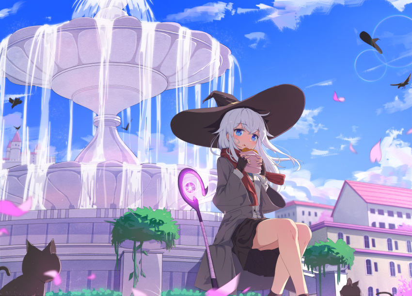 1girl ahoge bare_legs bird black_cat black_skirt blue_eyes blush breasts building buttons castle cat cloud cloudy_sky coat commentary_request crow day eating falling_petals food food_on_face fountain full_body glowing grey_coat hano_(1507197602) hat lens_flare licking_lips light_particles light_smile long_hair looking_at_viewer mage_staff messy_hair multiple_cats original outdoors petals plant potted_plant red_scarf scarf shadow shirt shoes sitting skirt sky small_breasts solo sunlight tongue tongue_out water white_hair white_shirt wind witch witch_hat