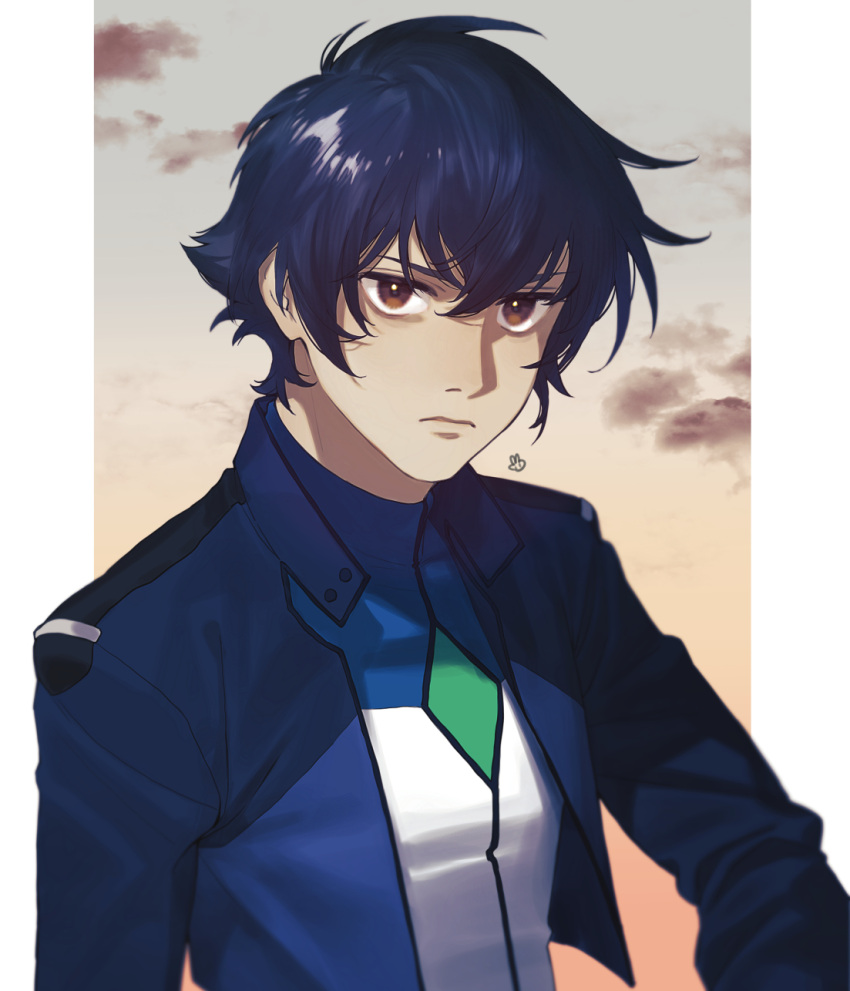 1boy blue_hair blue_jacket brown_eyes celestial_being_uniform closed_mouth cloud commentary_request cropped_jacket evening expressionless gundam gundam_00 hair_between_eyes highres jacket long_sleeves looking_at_viewer male_focus outside_border pillarboxed setsuna_f._seiei short_hair solo ususio_11