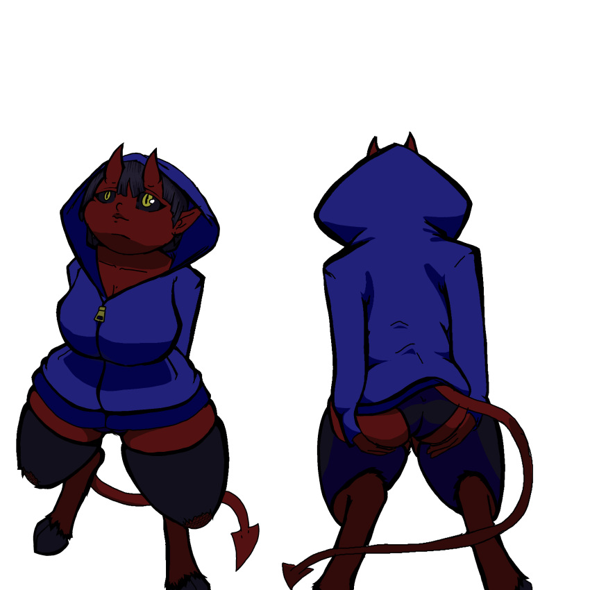 absurd_res big_butt biohound black_sclera butt clothing cloven_hooves fan_character female hi_res hoodie hooves humanoid imp legwear nameless_character red_body red_skin short_stack solo stockings tail topwear