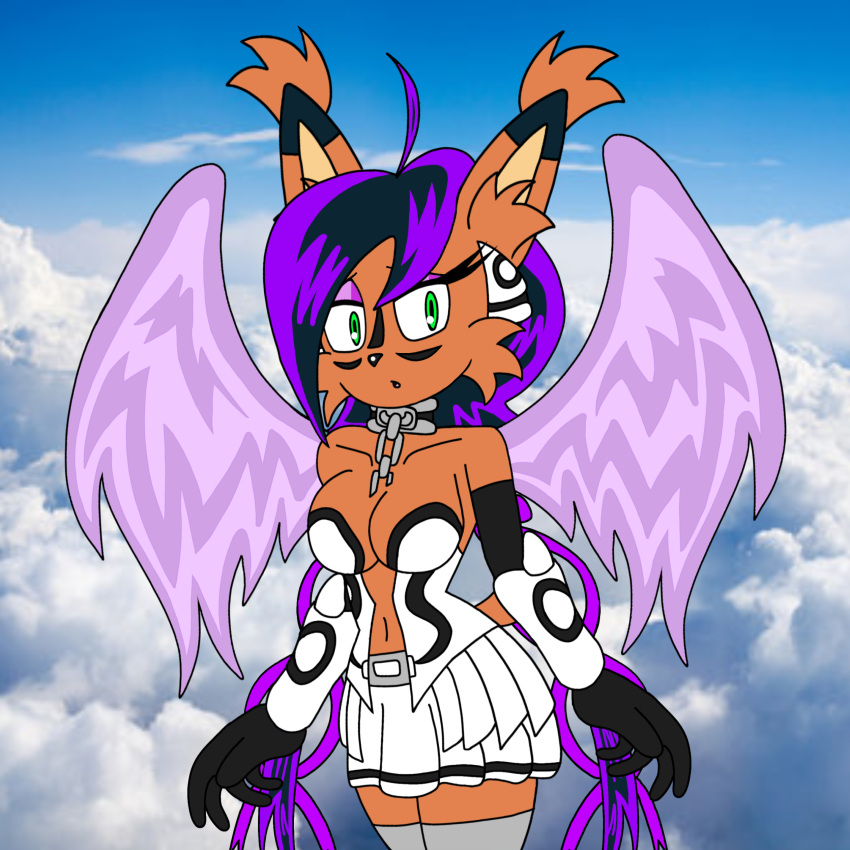 1:1 absurd_res android angel anime_style anthro archie_comics bare_shoulders breasts choker choker_chain cleavage clothed clothing cloudscape collar cosplay crossover crossover_cosplay cybernetics cyborg felid feline female flying heavens_lost_property hi_res ikaros jewelry lynx machine mammal navel necklace nicole_the_lynx robot sega sky solo sonic_the_hedgehog_(archie) sonic_the_hedgehog_(comics) sonic_the_hedgehog_(series) sora_no_otoshimono wings