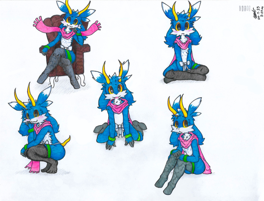 4_toes 5_fingers anthro blue_body blue_fur blush blush_lines clothing crossed_legs feet fingers fur furniture hair hi_res hooved_fingers hooves horn legband legwear looking_at_viewer looking_up male multicolored_body multicolored_fur multicolored_hair on_sofa pink_scarf ribbons scarf seat short_tail sitting sitting_on_ground sitting_on_sofa sofa solo tail thigh_highs thighband toes two_tone_hair white_body white_fur wolt wristband yellow_sclera