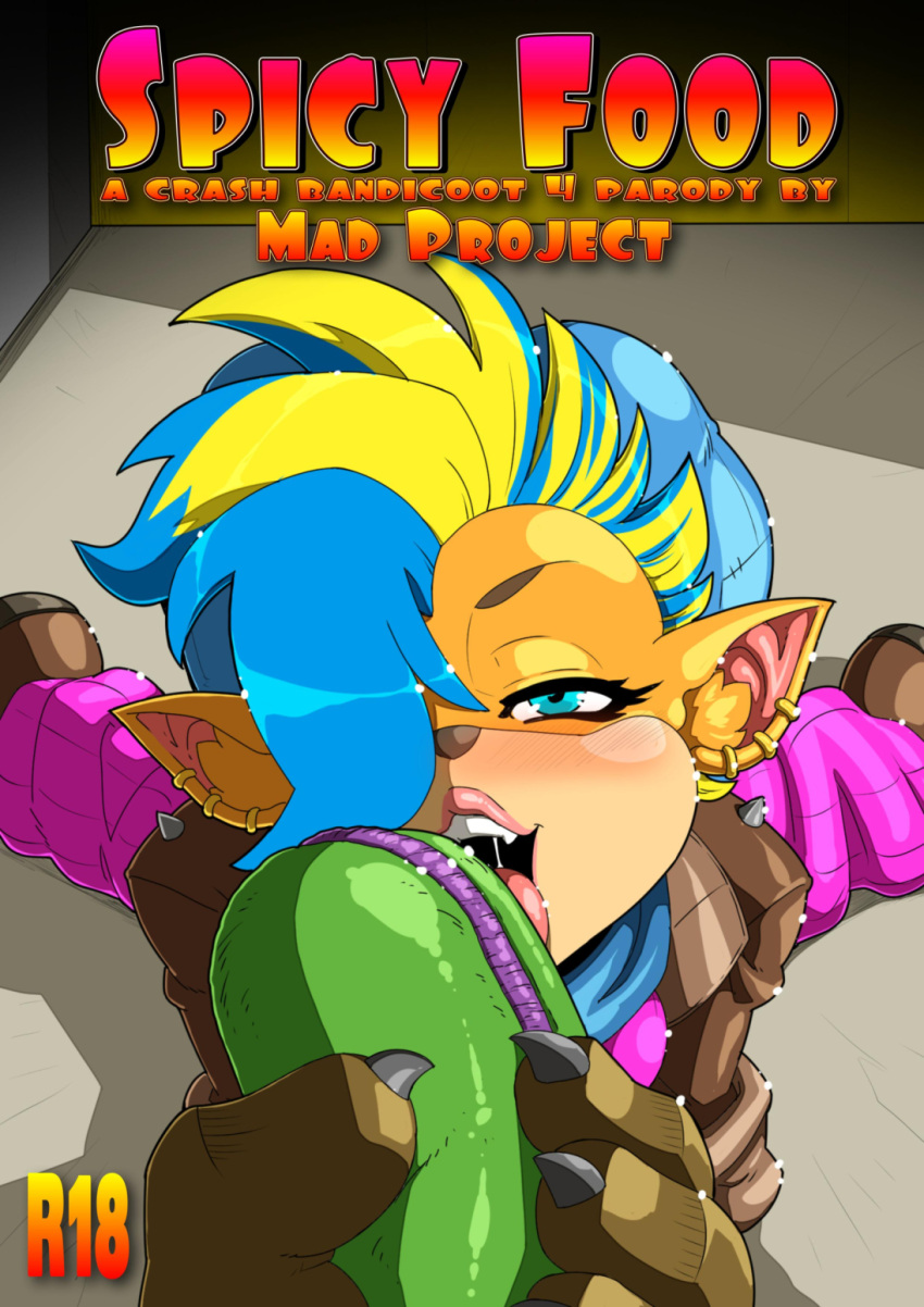 activision anthro bandicoot blonde_hair blue_hair clothing comic cover cover_art cover_page crash_bandicoot_(series) dingodile duo ear_piercing female first_person_view food food_fetish hair hi_res jacket leather leather_clothing leather_jacket leather_topwear looking_at_viewer mad-project male male/female mammal marsupial mohawk multicolored_hair narrowed_eyes piercing pirate_tawna suggestive suggestive_food suggestive_look tongue tongue_out topwear
