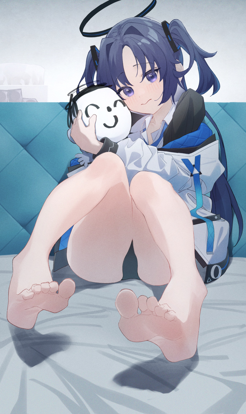 1boy 1girl absurdres anohito401 arona's_sensei_doodle_(blue_archive) bare_legs barefoot bed_sheet black_halo black_panties blue_archive blue_hair blue_necktie blush collared_shirt eyelashes feet full_body hair_ornament halo highres holding indoors jacket knees_together_feet_apart knees_up legs long_hair long_sleeves looking_at_viewer necktie off_shoulder panties parted_bangs purple_eyes sensei_(blue_archive) shirt sitting soles thighs toenails toes twintails underwear wavy_mouth white_jacket yuuka_(blue_archive)