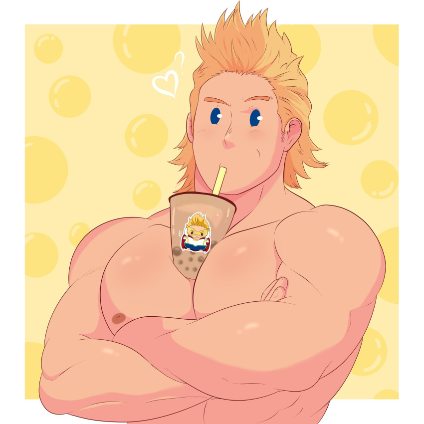 1boy ailurus_(ailurushearts) bara between_pectorals blonde_hair blue_eyes boku_no_hero_academia bubble_tea bubble_tea_challenge character_sticker cup disposable_cup drinking drinking_straw drinking_straw_in_mouth highres large_pectorals looking_at_viewer male_focus merchandise muscular muscular_male nipples nude object_on_pectorals pectorals raised_eyebrow short_hair sideburns solo spiked_hair togata_mirio upper_body