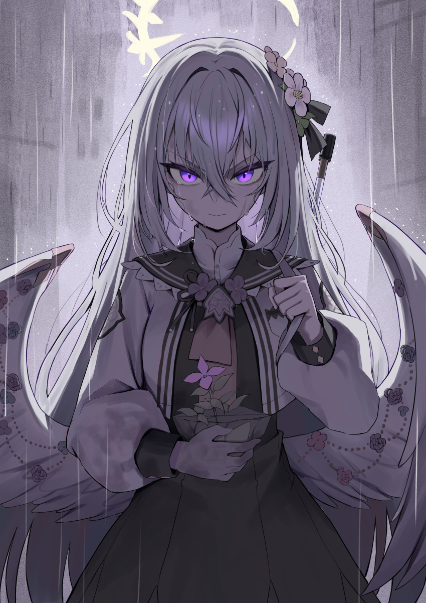 1girl absurdres azusa_(blue_archive) blue_archive closed_mouth flower grey_hair hair_between_eyes hair_flower hair_ornament halo highres karadborg long_hair long_sleeves looking_at_viewer low_wings plant purple_eyes skirt solo v-shaped_eyebrows wings