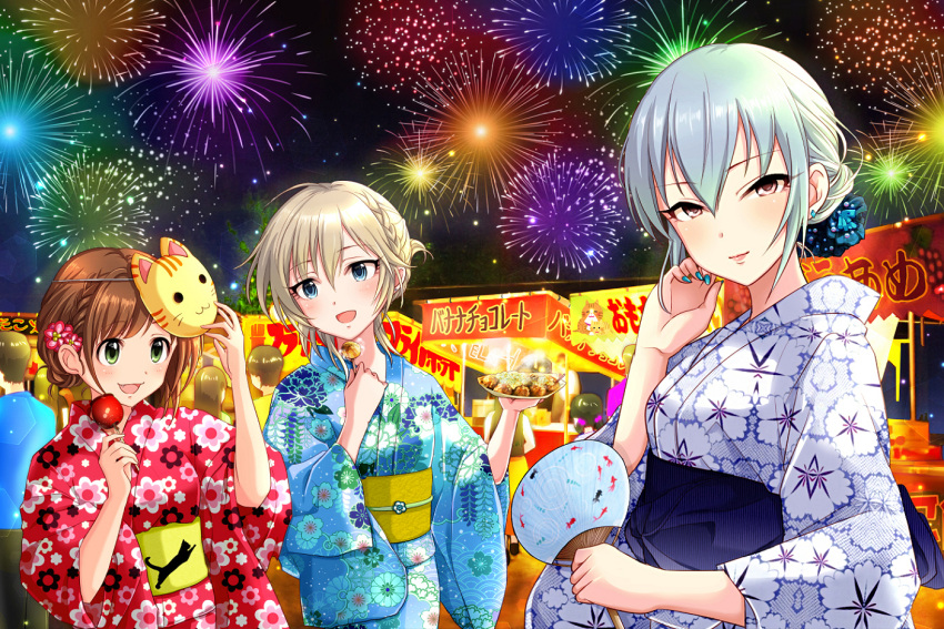 3girls anastasia_(idolmaster) animal_print blonde_hair blue_eyes blue_kimono blue_nails brown_eyes brown_hair candy_apple cat_mask cat_print festival fireworks floral_print flower food green_eyes grey_hair hair_between_eyes hair_flower hair_ornament idolmaster idolmaster_cinderella_girls japanese_clothes kimono long_sleeves maekawa_miku mask mask_on_head multiple_girls nail_polish night nyan_nyan_nyan_(idolmaster) obi outdoors popon_ta print_kimono red_flower red_kimono sash short_hair solo takamine_noa white_kimono