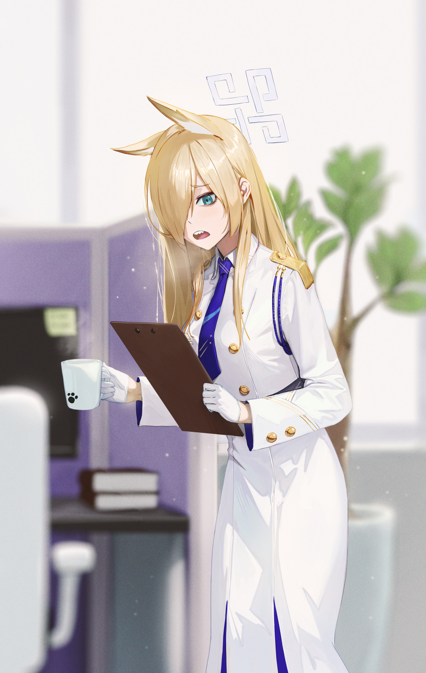 1girl absurdres alternate_costume animal_ears asymmetrical_bangs bags_under_eyes blonde_hair blue_archive blue_necktie blurry blurry_background breasts cropped_jacket cup fieryonion fox_ears gloves hair_over_one_eye halo highres holding holding_cup holding_notepad indoors jacket kanna_(blue_archive) large_breasts long_bangs long_hair long_skirt looking_at_viewer necktie notepad one_eye_covered partition sharp_teeth skirt solo steam straight_hair teeth very_long_hair white_gloves white_jacket white_skirt