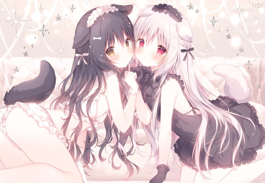 2girls all_fours animal_ears ass bare_shoulders black_bow black_dress black_gloves black_hair blush bow brown_eyes commentary_request dog_ears dog_girl dog_tail dress frilled_gloves frilled_shorts frills gloves grey_hair hair_bow long_hair looking_at_viewer multiple_girls original parted_lips red_eyes shiratama_(shiratamaco) short_shorts shorts sleeveless sleeveless_dress symbol-shaped_pupils tail very_long_hair white_bow white_gloves white_shorts