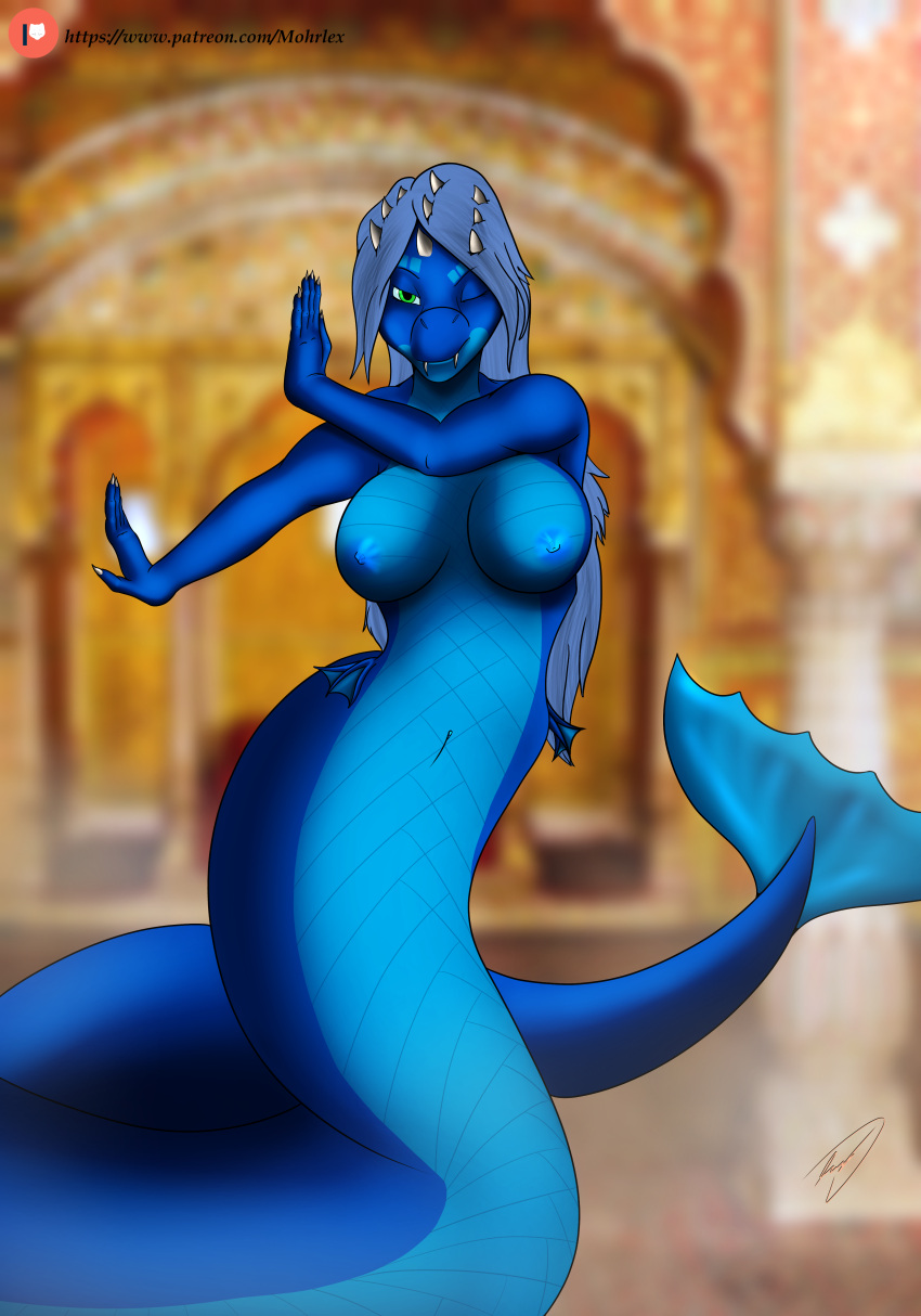5_fingers absurd_res animal_humanoid anthro areola big_breasts blue_areola blue_body blue_genitals blue_nipples blue_pussy blue_scales breasts claws clothed clothing dancing digital_media_(artwork) dragon dragon_humanoid fangs female fin fingers genitals gold_(metal) gold_jewelry green_eyes hair hi_res horn humanoid hybrid jewelry katelyn_(katelyn) legless long_hair long_tail looking_at_viewer marine markings mohrlex multicolored_body nipples nude one_eye_closed pussy reptile scales scalie serpentine smile snake solo tail teeth topwear wink
