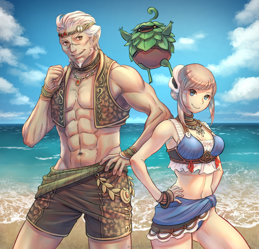 1boy 1girl abs arciela_v_adoulin bead_necklace beads bikini blue_bikini blue_eyes blue_sarong bonnet breasts cactus41747280 circlet cleavage crown final_fantasy final_fantasy_xi grey_hair highres jewelry leafkin midriff muscular muscular_male navel necklace pectorals sarong swimsuit yellow_eyes