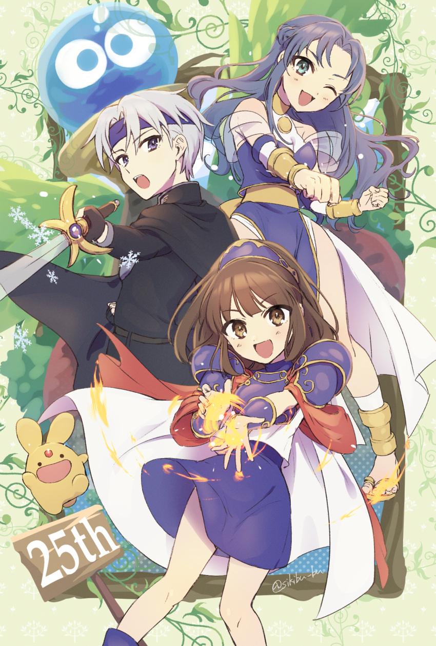 1boy 2girls :d anniversary arle_nadja armor artist_name bare_shoulders black_gloves blue_eyes blue_hair blue_headband blue_skirt braid breastplate brown_eyes brown_hair cape carbuncle_(puyopuyo) creature film_grain fingerless_gloves french_braid gloves half_updo headband highres holding holding_sword holding_weapon long_hair long_sleeves magic medium_hair multiple_girls one_eye_closed parted_bangs pelvic_curtain ponytail puyo_(puyopuyo) puyopuyo raised_fist rulue_(puyopuyo) sandals sash schezo_wegey short_hair side_slit sign skb_(sikibu_bu) skirt smile snowflakes sword transparent_sword transparent_weapon twitter_username waku_waku_puyo_dungeon weapon white_cape white_hair yellow_sash