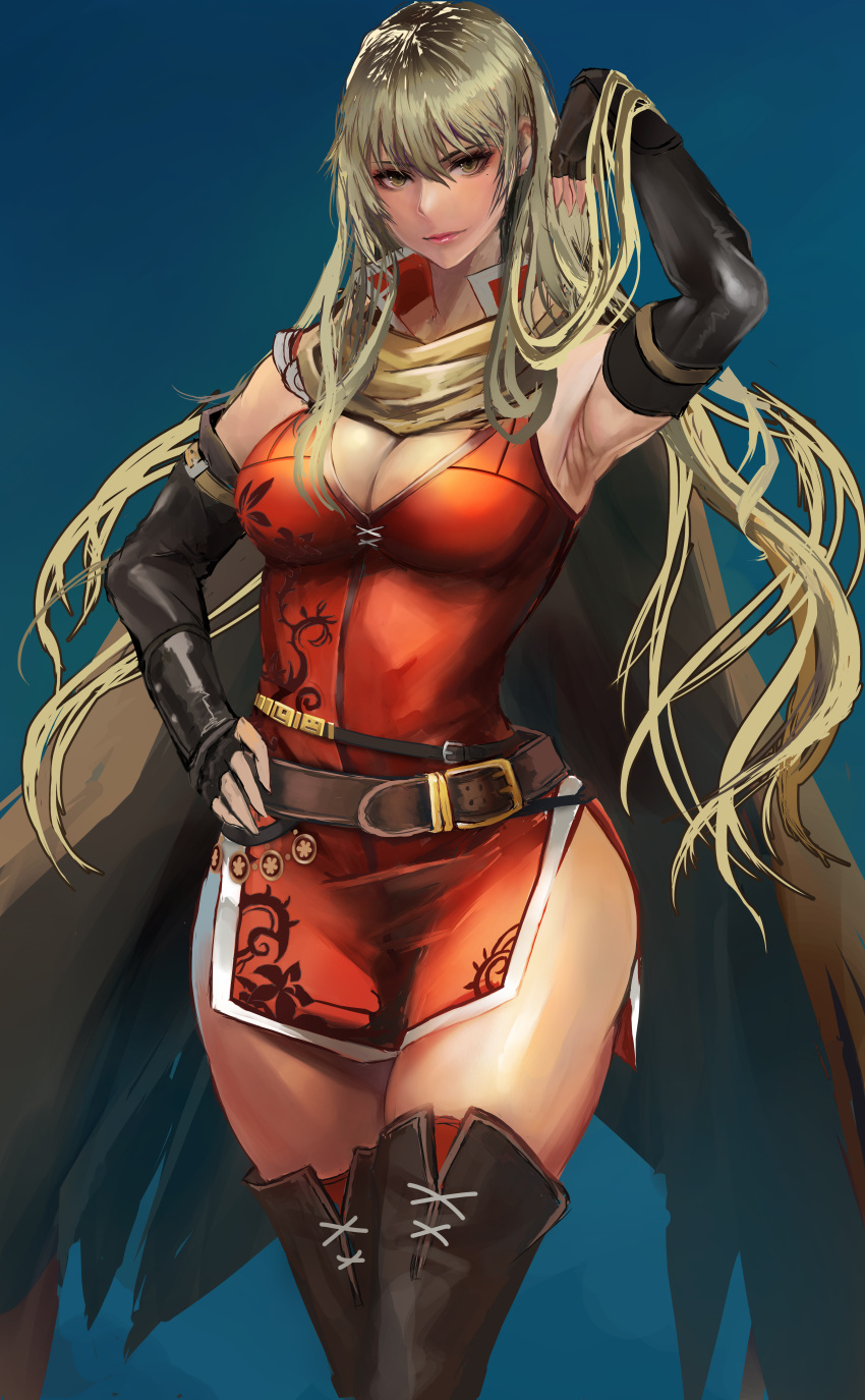 1girl absurdres arm_belt arm_up armpits belt black_gloves blonde_hair blue_background breasts brown_belt cape cleavage closed_mouth dress elbow_gloves fingerless_gloves fire_emblem fire_emblem:_the_binding_blade gloves hair_between_eyes hand_in_own_hair hand_on_own_hip high_collar highres igrene_(fire_emblem) kyel_hyde long_hair looking_at_viewer medium_breasts mole mole_under_eye pelvic_curtain pink_lips red_dress red_thighhighs short_dress side_slit sleeveless sleeveless_dress solo thick_thighs thighhighs thighs yellow_belt yellow_cape yellow_eyes