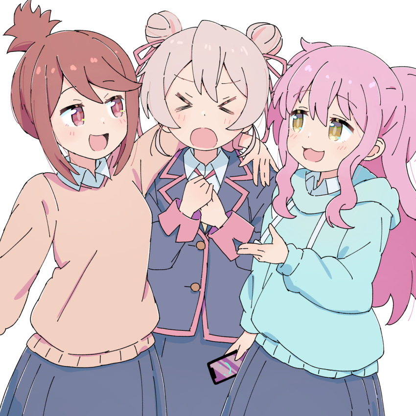 3girls :3 :d black_jacket black_skirt blue_hoodie brown_eyes brown_hair cellphone closed_eyes commentary_request double_bun drawstring girl_sandwich grey_hair hair_between_eyes hair_bun hair_ribbon highres holding holding_phone hood hood_down hoodie jacket long_hair long_sleeves multiple_girls nagase_miyako onii-chan_wa_oshimai! open_mouth oyama_mahiro phone pink_hair pink_ribbon ribbon sandwiched school_uniform short_hair sidelocks simple_background skirt smartphone smile tetesudeesu two_side_up white_background wing_collar xo yasaka_mai yellow_eyes