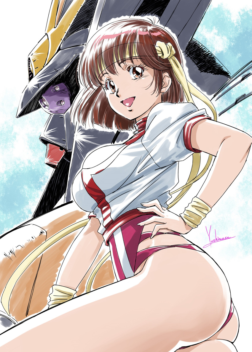 1girl absurdres artist_name ass breasts brown_eyes brown_hair commentary_request fingernails from_side gunbuster hand_on_own_hip headband highleg highleg_leotard highres leotard looking_at_viewer mecha medium_breasts medium_hair open_mouth robot short_sleeves signature simple_background smile super_robot takaya_noriko thighs top_wo_nerae! wristband yoshinaga_masahiro